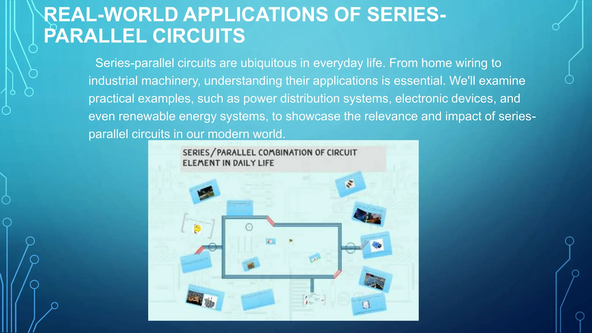 REAL-WORLD APPLICATIONS OF SERIES-
PARALLEL CIRCUITS
Series-parallel circuits are ubiquitous in everyday life. From home wiring to
industrial machinery, understanding their applications is essential. We'll examine
practical examples, such as power distribution systems, electronic devices, and
even renewable energy systems, to showcase the relevance and impact of series-
parallel circuits in our modern world.
 
