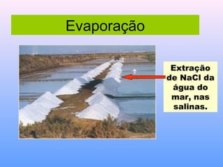 Evaporação

              Extração
             de NaCl da
              água do
              mar, nas
               salinas.
 