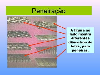 Peneiração

              A figura ao
             lado mostra
              diferentes
             diâmetros de
              telas, para
               peneiras.
 