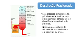 • Esse processo é muito usado,
principalmente em indústrias
petroquímicas, para separação
dos diferentes derivados do
petróleo.
• Neste caso, as colunas de
fracionamento são divididas
em bandejas ou pratos.
Destilação Fracionada
 