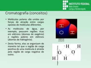 Cromatografia (conceitos)
• Moléculas polares são unidas por
forças de atração entre cargas
opostas de moléculas diferentes.
• As moléculas de água, por
exemplo, possuem regiões ricas
em elétrons (átomos de oxigênio)
e regiões pobres em elétrons
(átomos de hidrogênio).
• Desta forma, elas se organizam de
maneira tal que a região de carga
positiva de uma molécula é atraída
pela região de carga negativa de
outra.
Imagem:
Autor
desconhecido
/
Creative
Commons
Atribuição-
Partilha
nos
Termos
da
Mesma
Licença
2.5
Genérica.
Imagem:
Biopresto
/
Public
Domain.
 