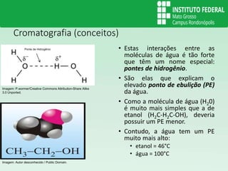 Cromatografia (conceitos)
• Estas interações entre as
moléculas de água é tão forte
que têm um nome especial:
pontes de hidrogênio.
• São elas que explicam o
elevado ponto de ebulição (PE)
da água.
• Como a molécula de água (H20)
é muito mais simples que a de
etanol (H2C-H2C-OH), deveria
possuir um PE menor.
• Contudo, a água tem um PE
muito mais alto:
• etanol = 46°C
• água = 100°C
Ponte de Hidrogênio
Imagem: P.wormer/Creative Commons Attribution-Share Alike
3.0 Unported.
Imagem: Autor desconhecido / Public Domain.
 