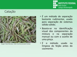 Catação
• É um método de separação
bastante rudimentar, usado
para separação de sistemas
sólido-sólido.
• Baseia-se na identificação
visual dos componentes da
mistura e na separação
manual ou com o auxílio de
uma pinça.
• É o método usado na
limpeza do feijão antes do
cozimento.
Imagem: David Monniaux / GNU Free Documentation License.
 
