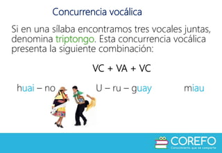 Concurrencia vocálica
Si en una sílaba encontramos tres vocales juntas,
denomina triptongo. Esta concurrencia vocálica
presenta la siguiente combinación:
VC + VA + VC
huai – no U – ru – guay miau
 