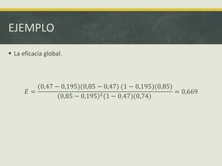 EJEMPLO
 La eficacia global.
𝐸 =
(0,47 − 0,195)(0,85 − 0,47) (1 − 0,195)(0,85)
0,85 − 0,195 2(1 − 0,47)(0,74)
= 0,669
 
