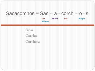Sacacorchos = Sac – a– corch – o - s
Sacar
Corcho
Corchera
LexLex MDInfMDInf LexLex MFgenMFgen
MFnumMFnum
 