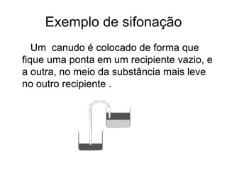 Exemplo de sifonação Um  canudo é colocado de forma que fique uma ponta em um recipiente vazio, e a outra, no meio da substância mais leve no outro recipiente .  