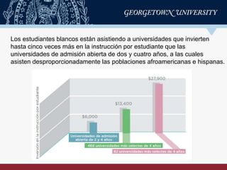 Los estudiantes blancos están asistiendo a universidades que invierten
hasta cinco veces más en la instrucción por estudiante que las
universidades de admisión abierta de dos y cuatro años, a las cuales
asisten desproporcionadamente las poblaciones afroamericanas e hispanas.
 