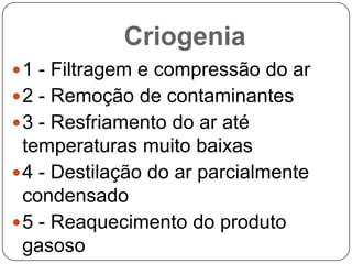 Criogenia
 1 - Filtragem e compressão do ar
 2 - Remoção de contaminantes
 3 - Resfriamento do ar até
  temperaturas muito baixas
 4 - Destilação do ar parcialmente
  condensado
 5 - Reaquecimento do produto
  gasoso
 