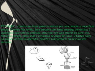 Filtração: – consiste em fazer passar a mistura por uma parede ou superfície porosa. O sólido fica retido. Esse processo tem largo emprego doméstico; é usado para coar café ou coalhada, para coar um suco através do pano, etc.Filtração comum, mostrando a utilização do papel de filtro. O bastão junto ao béquer, na mão do operador, facilita a transferência da mistura sem derrame.