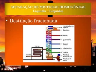 SEPARAÇÃO DE MISTURAS HOMOGÊNEAS
           Líquido – Líquido;


• Destilação fracionada
 