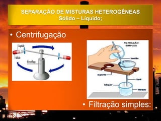 SEPARAÇÃO DE MISTURAS HETEROGÊNEAS
              Sólido – Líquido;


• Centrifugação




                    • Filtração simples:
 