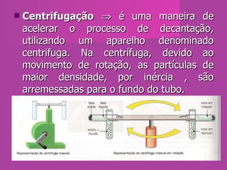 Centrifugação     é uma maneira de acelerar o processo de decantação, utilizando um aparelho denominado centrifuga. Na centrífuga, devido ao movimento de rotação, as partículas de maior densidade, por inércia , são arremessadas para o fundo do tubo.  