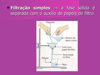Filtração simples     a fase sólida é separada com o auxílio de papéis de filtro.  