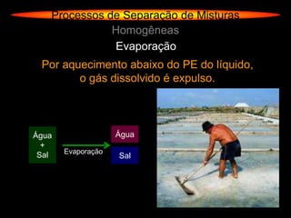 Processos de Separação de Misturas
              Homogêneas
              Evaporação
 Por aquecimento abaixo do PE do líquido,
        o gás dissolvido é expulso.




Água                Água
  +
       Evaporação
 Sal                Sal
 