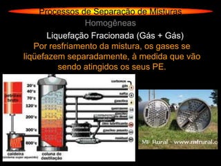 Processos de Separação de Misturas
                Homogêneas
       Liquefação Fracionada (Gás + Gás)
   Por resfriamento da mistura, os gases se
liqüefazem separadamente, à medida que vão
          sendo atingidos os seus PE.
 