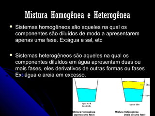 Mistura Homogênea e Heterogênea


Sistemas homogêneos são aqueles na qual os
componentes são diluídos de modo a apresentarem
apenas uma fase. Ex:água e sal, etc



Sistemas heterogêneos são aqueles na qual os
componentes diluídos em água apresentam duas ou
mais fases, eles derivativos de outras formas ou fases
Ex: água e areia em excesso.

 