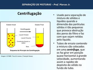 QUÍMICA - 1° Ano
Processos de separação de misturas
Centrifugação • Usado para separação de
mistura de sólidos e
líquidos quando a
dimensão das partículas
sólidas é tão pequenas
que provoca obstrução
dos poros do filtro e faz
com que sejam retidas
pelo líquido.
• Tubos de ensaio contendo
a mistura são colocados
em uma centrífuga, que
os faz girar em posição
quase horizontal à grande
velocidade, aumentando
assim a rapidez de
depósito do sólido no
fundo do tubo.
Imagem: IUTABB / Free Art License. (Tradução Nossa).
Estado Inicial Estado Final
Centrifugação
Líquido Portador
Líquido Flutuante
Base
Constituinte (líquido ou
sólido)
Esquema do Princípio da Centrifugação
SEPARAÇÃO DE MISTURAS – Prof. Marcos Jr.SEPARAÇÃO DE MISTURAS – Prof. Marcos Jr.SEPARAÇÃO DE MISTURAS – Prof. Marcos Jr.SEPARAÇÃO DE MISTURAS – Prof. Marcos Jr.
 