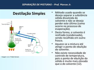 QUÍMICA - 1° Ano
Processos de separação de misturas
Destilação Simples • Método usado quando se
deseja separar a substância
sólida dissolvida do
solvente e não se deseja
perder este último (como
ocorre no processo de
evaporação).
• Desta forma, o solvente é
resfriado (condensado),
sendo recolhido em outro
frasco.
• Aquece-se a mistura até
atingir o ponto de ebulição
do solvente.
• Não existe necessidade de
controle de temperatura,
pois o ponto de ebulição do
sólido é muito mais elevado
que o do solvente (12).
Imagem: U.m / Public Domain.
SEPARAÇÃO DE MISTURAS – Prof. Marcos Jr.SEPARAÇÃO DE MISTURAS – Prof. Marcos Jr.SEPARAÇÃO DE MISTURAS – Prof. Marcos Jr.SEPARAÇÃO DE MISTURAS – Prof. Marcos Jr.
 