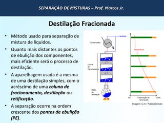 QUÍMICA - 1° Ano
Processos de separação de misturas
Destilação Fracionada
• Método usado para separação de
mistura de líquidos.
• Quanto mais distantes os pontos
de ebulição dos componentes,
mais eficiente será o processo de
destilação.
• A aparelhagem usada é a mesma
de uma destilação simples, com o
acréscimo de uma coluna de
fracionamento, destilação ou
retificação.
• A separação ocorre na ordem
crescente dos pontos de ebulição
(PE).
Imagem: U.m / Public Domain.
SEPARAÇÃO DE MISTURAS – Prof. Marcos Jr.SEPARAÇÃO DE MISTURAS – Prof. Marcos Jr.SEPARAÇÃO DE MISTURAS – Prof. Marcos Jr.SEPARAÇÃO DE MISTURAS – Prof. Marcos Jr.
 