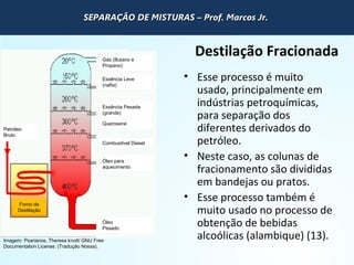 QUÍMICA - 1° Ano
Processos de separação de misturas
Destilação Fracionada
• Esse processo é muito
usado, principalmente em
indústrias petroquímicas,
para separação dos
diferentes derivados do
petróleo.
• Neste caso, as colunas de
fracionamento são divididas
em bandejas ou pratos.
• Esse processo também é
muito usado no processo de
obtenção de bebidas
alcoólicas (alambique) (13).Imagem: Psarianos, Theresa knott/ GNU Free
Documentation License. (Tradução Nossa).
Petróleo
Bruto
Gás (Butano e
Propano)
Essência Leve
(nafta)
Essência Pesada
(grande)
Querosene
Combustível Diesel
Óleo para
aquecimento
Forno de
Destilação
Óleo
Pesado
SEPARAÇÃO DE MISTURAS – Prof. Marcos Jr.SEPARAÇÃO DE MISTURAS – Prof. Marcos Jr.SEPARAÇÃO DE MISTURAS – Prof. Marcos Jr.SEPARAÇÃO DE MISTURAS – Prof. Marcos Jr.
 