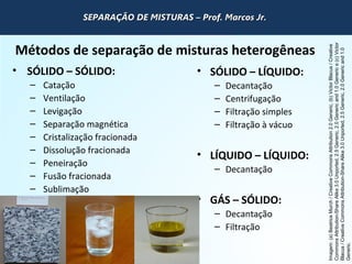 QUÍMICA - 1° Ano
Processos de separação de misturas
Métodos de separação de misturas heterogêneas
• SÓLIDO – SÓLIDO:
– Catação
– Ventilação
– Levigação
– Separação magnética
– Cristalização fracionada
– Dissolução fracionada
– Peneiração
– Fusão fracionada
– Sublimação
• SÓLIDO – LÍQUIDO:
– Decantação
– Centrifugação
– Filtração simples
– Filtração à vácuo
• LÍQUIDO – LÍQUIDO:
– Decantação
• GÁS – SÓLIDO:
– Decantação
– Filtração
Imagem:(a)BeatriceMurch/CreativeCommonsAttribution2.0Generic,(b)VictorBlacus/Creative
CommonsAttribution-ShareAlike3.0Unported,2.5Generic,2.0Genericand1.0Generice(c)Victor
Blacus/CreativeCommonsAttribution-ShareAlike3.0Unported,2.5Generic,2.0Genericand1.0
Generic.
SEPARAÇÃO DE MISTURAS – Prof. Marcos Jr.SEPARAÇÃO DE MISTURAS – Prof. Marcos Jr.SEPARAÇÃO DE MISTURAS – Prof. Marcos Jr.SEPARAÇÃO DE MISTURAS – Prof. Marcos Jr.
 