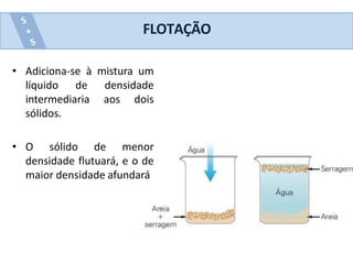 FLOTAÇÃO
• Adiciona-se à mistura um
líquido de densidade
intermediaria aos dois
sólidos.
• O sólido de menor
densidade flutuará, e o de
maior densidade afundará
 