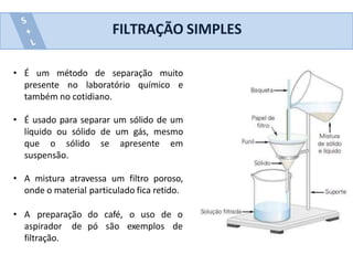 FILTRAÇÃO SIMPLES
• É um método de separação muito
presente no laboratório químico e
também no cotidiano.
• É usado para separar um sólido de um
líquido ou sólido de um gás, mesmo
que o sólido se apresente em
suspensão.
• A mistura atravessa um filtro poroso,
onde o material particulado fica retido.
• A preparação
aspirador de
filtração.
uso de o
do café, o
pó são exemplos de
 
