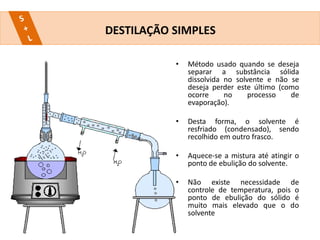 • Método usado quando se deseja
separar a substância sólida
dissolvida no solvente e não se
deseja perder este último (como
ocorre no processo de
evaporação).
• Desta forma, o solvente é
resfriado (condensado), sendo
recolhido em outro frasco.
• Aquece-se a mistura até atingir o
ponto de ebulição do solvente.
• Não existe necessidade de
controle de temperatura, pois o
ponto de ebulição do sólido é
muito mais elevado que o do
solvente
DESTILAÇÃO SIMPLES
 