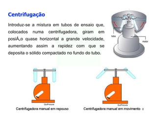 Centrifugação   Introduz-se a mistura em tubos de ensaio que, colocados numa centrifugadora, giram em posição quase horizontal a grande velocidade, aumentando assim a rapidez com que se deposita o sólido compactado no fundo do tubo.                               