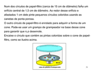 Num dos círculos de papel-filtro (cerca de 15 cm de diâmetro) faça um orifício central de 1,5 cm de diâmetro. Ao redor desse orifício e afastados 1 cm dele pinte pequenos círculos coloridos usando as canetas de ponta porosa. O outro círculo de papel-filtro é enrolado para adquirir a forma de um cone. Pode-se usar um grampo de grampeador na base desse cone para garantir que não desenrole. Encaixe o círculo que contém as pintas coloridas sobre o cone de papel-filtro, como se ilustra acima.                                   