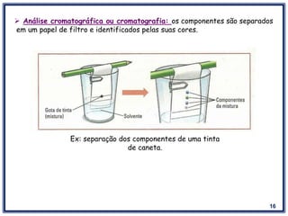 16
 Análise cromatográfica ou cromatografia: os componentes são separados
em um papel de filtro e identificados pelas suas cores.
Ex: separação dos componentes de uma tinta
de caneta.
 