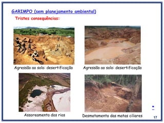 17
GARIMPO (sem planejamento ambiental)
Tristes consequências:
Assoreamento dos rios Desmatamento das matas ciliares
Agressão ao solo: desertificaçãoAgressão ao solo: desertificação
*
 
