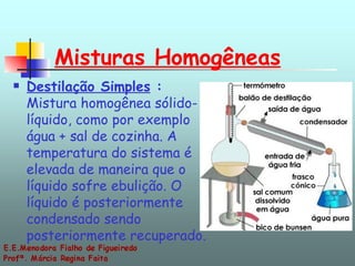 Misturas Homogêneas   Destilação Simples  :  Mistura homogênea sólido-líquido, como por exemplo água + sal de cozinha. A temperatura do sistema é elevada de maneira que o líquido sofre ebulição. O líquido é posteriormente condensado sendo posteriormente recuperado.  