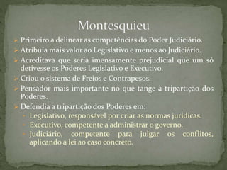  Primeiro a delinear as competências do Poder Judiciário.
 Atribuía mais valor ao Legislativo e menos ao Judiciário.
 Acreditava que seria imensamente prejudicial que um só
detivesse os Poderes Legislativo e Executivo.
 Criou o sistema de Freios e Contrapesos.
 Pensador mais importante no que tange à tripartição dos
Poderes.
 Defendia a tripartição dos Poderes em:
• Legislativo, responsável por criar as normas jurídicas.
• Executivo, competente a administrar o governo.
• Judiciário, competente para julgar os conflitos,
aplicando a lei ao caso concreto.
 