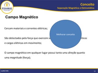 Conceito
Separação Magnética e Eletrostática
13Luzélia Felix
Campo Magnético
Cercam materiais e correntes elétricas;
São detectados pela força que exercem sobre outros materiais magnéticos
e cargas elétricas em movimento;
O campo magnético em qualquer lugar possui tanto uma direção quanto
uma magnitude (força);
Melhorar conceito
 