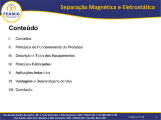 Separação Magnética e Eletrostática
25/05/14 12:39 3
Rua Gastão Bráulio dos Santos, 837 • Nova Gameleira • Belo Horizonte • MG • 30510-120 • Tel.:(31) 3372.3703
Rua Aquiles Lobo, 524 • Floresta • Belo Horizonte • MG • 30150-160 • Tel.:(31) 3274.1974
Conteúdo
I. Conceitos
II. Princípios de Funcionamento do Processo
III. Descrição e Tipos dos Equipamentos
IV. Principais Fabricantes
V. Aplicações Industriais
VI. Vantagens e Desvantagens do Uso
VII. Conclusão
 
