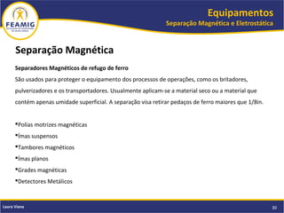 Equipamentos
Separação Magnética e Eletrostática
30Laura Viana
Separação Magnética
Separadores Magnéticos de refugo de ferro
São usados para proteger o equipamento dos processos de operações, como os britadores,
pulverizadores e os transportadores. Usualmente aplicam-se a material seco ou a material que
contém apenas umidade superficial. A separação visa retirar pedaços de ferro maiores que 1/8in.
Polias motrizes magnéticas
Ímas suspensos
Tambores magnéticos
Ímas planos
Grades magnéticas
Detectores Metálicos
 