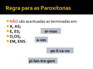  NÃO são acentuadas as terminadas em:
 A, AS;
 E, ES;
 O,OS;
 EM, ENS.
armas
pelicano
pilantragem
aves
ar-mas
a-ves
pe-li-ca-no
pi-lan-tra-gem
 