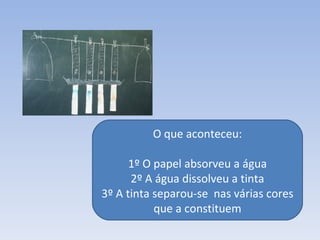 O que aconteceu: 1º O papel absorveu a água 2º A água dissolveu a tinta 3º A tinta separou-se nas várias cores que a constituem