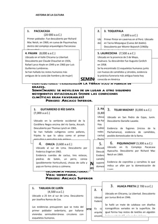 HISTORIA DE LA CULTURA




 1.     PACCAICASA                                              2. CHIVATEROS
                                                                    3. TOQUEPALA
              (20 000 a.a.C.)                                              (10,500 a.a.C.)
                                                                                 (7,600 a.a.C.)
  Primer poblador. Fue descubierto por Richard                  Ubicado en elPintorChillón, Lima en el Perú. Ubicado
                                                                       Primer valle en cavernas Norte. Fue
  Mac Neish, en 1969, en cueva de Piquimachay                   descubierto por Edward Lanning en 1965.
                                                                       en Tacna-Moquegua (Cueva del diablo).
  dentro del complejo arqueológico Paccaicasa                          Descubierto por Miomir Bojovich (1960)y
  (Ayacucho).                                                   Se ha encontrado el taller lítico más grande de
                                                                       Emilio Gonzales García (1961).
4.Posiblemente contenga los instrumentos líticos
   PAIJAN (8,000 a.a.C.)                                        5. costa. más notable son sus pinturas rupestres.
                                                                la LAURICOCHA (7,500 a.a.C.)
                                                                       Lo
Ubicado en el Valle Perú.
  más antiguos del Chicama La Libertad.                         Ubicado en la provincia de 2 de Mayo,
Descubierto por Claude Chauchat en 1926,                        Huánuco. Su descubridor fue Augusto Cardich
Rafael Larco Hoyle en 1949 y en 1960 por Luís                   en 1958.
Guillermo Lumbreras.                                            Se ha encontrado 11 esqueletos humanos junto
Se han hallado los restos humanos más                           con huesos de camélidos y cérvidos, evidencia
antiguos de la costa (de hombre y de mujer)                     la práctica funeraria más antigua hasta hoy
      1.2. HORTICULTIRES SEMINÓMADES.                           conocida en América
      Horticultores: Trabajaban la tierra sólo a fuerza de
      brazos.
      Seminómades: se movilizan de un lugar a otro siguiendo
      movimientos estacionales (donde las condiciones
      climáticas eran favorables)
              Periodo: Arcaico Inferior.
       1. GUITARRERO O RÍO SANTA                                2. PARACAS O SANTO DOMINGO
                                                                        3. TELAR MACHAY (6,000 a.a.C.)
       (7,000 a.a.C.)                                           (6,800 a.a.C.)
                                                                Ubicado en la pampa Santo Pedro de península
                                                                          Ubicado en San Domingo, Cajas, Junín.
       Ubicado en la vertiente occidental de la                 de Paracas. Descubierto por Federico Engel.
                                                                          Descubierto Danielle Lavalée.
       Cordillera Negra encima del río Santa, Ancash.           Hay restos de un grupo de viviendas
       Descubierto por Thomas Lynch en 1965.                    subterráneas en forma fogones Se hallaron la
                                                                          Evidencia de circular. (inicios de
       Se han hallado cultígenos como pallares,                 redes dePachamanca), evidenciaconde camélidos,
                                                                           pescar confeccionadas        fibras de
       frijoles lo que lo ubica como el primer                  cactus (Los más antiguos del mundo) y una
                                                                          posible domesticador de la llama.
       agricultor o agricultor más antiguo.                     flauta (primera expresión musical)
             4.    CHILCA (3,600 a.a.C.)                         5.       6. PIQUIMACHAY (3,300
                                                                       JAYHUAMAHAY (3,600 a.a.C.) a.a.C.)
           Ubicado al sur de Lima. Descubierto por                    Ubicado en EL Complejo Pacaicasa
                                                            Ubicado en EL Complejo Pacaicasa Ayacucho.
           Federico Engel en 1965.                                    Ayacucho. Descubierto por Richard Mac
                                                            Descubierto por Richard Mac Neich en 1969.
           Evidencia cuerdas de cactus, tres estacas,       Evidencia Neich en 1969. (restos fecales de
                                                                       de coprolitos
           piedras de batán, un perro, ceniza               camélidos) y corralones en el interior haces
           (posiblemente horticultura), chozas de caña y    suponer que desarrolló la práctica de la lo que
                                                                      Evidencia de coprolitos y corralitos
             1.3. NEOLÍTICO PERUANO.                        domesticación de un afán alpacas. domesticación de
                                                                      indica llamas y por la
                 Modo de producción: agricultura incipiente
           paja en forma cónica o colmena.
                                                                      cuyes.
                 (economía productora).
                 Vida: sedentaria.
                 Periodo: Arcaico Superior

      1.     TABLADA DE LURÍN
                                                                           3. HUACA PRIETA (2 700 a.a.C.)
                                                           2.      CERRO PALOMA
                  (4,500 a.a.C.)
                                                                          (4,200 a.a.C.)
                                                                      Ubicado en Chicama, La Libertad. Descubierto
      Ubicado a 25 km al sur de Lima. Descubierto
                                                 Ubicado por sur deBird en 1946.
                                                           al Junius Lima. Descubierto por
      por Josefina Ramos de Cox.
                                                 Federico Engel.
                                                                           pág. 13
                                                           Se halló un mate de calabaza con diseños
      Las evidencias presuponen que se trata del
      Catedrático: Mg. Alex M. Hernández Torres. Es considerado el variados en la superficie. De
      primer poblador sedentario, por hallarse
                                                           iconográficos primer monumento
                                                 arquitectónico forma de restos de textiles en algodón
                                                           igual de hay América, pues se
      viviendas semisubterráneas circulares con
                                                 encontró un recinto cuadrangular no hay telares.
                                                           (primer arte textil), aún de piedra.
      esqueletos humanos.
 