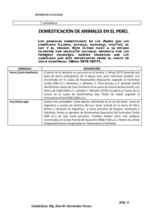 HISTORIA DE LA CULTURA


                             barbadense

                           DOMESTICACIÓN DE ANIMALES EN EL PERÚ.

                           Los animales domesticados en los Andes son los
                           camélidos (llama, alpaca, guanaco, vicuña), el
                           cuy y el venado. Este último pasó a su estado
                           silvestre por selección cultural impuesta por los
                           primeros criadores, quienes observan que los
                           camélidos son más importantes desde el punto de
                           vista económico. (Wing 1972-1977).
       ANIMALES                                                DESCRIPCIÓN
Perro (Canis familiaris)      El perro no se descarta su consumo en el arcaico. E Wing (1977) describe seis
                              tipos de perro prehispánico de la época inca, pero menciona también uno
                              encontrado en la cueva de Rosamachay (Ayacucho) asignado al Formativo
                              Tardío (200 a.C.). Asimismo, J. Wheeler, E. Pires-Ferreira y P. Kaulicke (1976)
                              identificaron restos de Canis familiaris en la cueva de Uchcumachay (Junín), con
                              fechas de 5500-2500 a.C., también J. Wheeler (1976) recuperó un hueso de un
                              canino en la cueva de Cuchimachay (San Pedro de Cajas) asignado al
                              Precerámico Final (2500-2000 a.C.)
Cuy (Cavia spp)               Existen tres variedades: Cavia aperea, distribuida en el sur de Brasil, norte de
                              Argentina y sureste de América del Sur; Cavia tschudi en la sierra de Perú,
                              Bolivia y noroeste de Argentina; y Cavia porcellus de Guyana, Venezuela y
                              Colombia. Existe un ejemplar de Rosamachay (Ayacucho) del Formativo Tardío
                              (200 a.C.) de tipo Cavia porcellus. También existen otros más antiguos
                              encontrados en la fase Puente de Ayacucho (9000-7100 a.C.). Restos de similar
                              antigüedad fueron recuperados en Tequendama (Colombia)




                                                                                            pág. 16
                  Catedrático: Mg. Alex M. Hernández Torres.
 