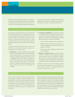NuestrosTemas           Material de apoyo para Profesoras y Profesores




         El Mapa de Lectura presentado corresponde a una de las tres       comunicativas clave del sector, e integran transversalmente
         competencias centrales definidas para el sector de Lenguaje y     grandes temas curriculares, como la literatura, los medios de
         Comunicación: Lectura, Producción de Textos Escritos y Co-        comunicación, el manejo y conocimiento de la lengua.
         municación Oral. Estos Mapas dan cuenta de las competencias



             ¿BAJO QUÉ LÓGICA SE CONSTRUYÓ EL MAPA DE LECTURA?


         El supuesto que orienta este Mapa es que lo más importante        b. Construcción de significado. Esta dimensión se refiere
         de la competencia lectora es la capacidad del lector para            a la capacidad de construir el significado de los textos a
         construir el significado del texto que lee. Por esto, lo que se      través del uso de diversas estrategias, que se orientan a
         valora en el mapa es la comprensión profunda y activa de             lograr una comprensión cada vez más profunda y detallada
         los textos, y la formación de lectores autónomos y críticos,         de los textos. Incluye las siguientes habilidades:
         que utilizan la lectura como un medio fundamental de de-
                                                                               • Extraer información explícita literal o parafraseada.
         sarrollo, aprendizaje, conocimiento del mundo y apreciación
         estética.                                                             • Realizar inferencias sobre aspectos formales o de
                                                                                 contenido, estableciendo relaciones entre información
         La progresión de esta competencia clave se describe con-
                                                                                 explícita y/o implícita.
         siderando tres dimensiones, cada una de las cuales se va
         complejizando en los distintos niveles:                               • Interpretar el sentido de diferentes partes del texto
                                                                                 y de su globalidad.
         a. Tipo de textos que se leen. En esta dimensión, el progreso
            está dado por la capacidad de leer una variedad cada vez       c. Reflexión y evaluación de textos. La tercera dimensión
            mayor de textos literarios y no literarios de creciente           se refiere a la reflexión que los estudiantes son capaces
            extensión, complejidad, variedad de propósitos, estructuras       de hacer sobre los textos y a la apreciación y evaluación
            y modalidades discursivas. Se espera, por ejemplo, que            de los mismos en sus aspectos formales, de contenido y
            los niños y niñas de 1° básico comiencen leyendo textos           contextuales, a partir de sus propias ideas, sus experiencias,
            breves y simples sobre temas que les son familiares, y            conocimientos previos y la utilización de diversas fuentes.
            terminen su enseñanza media siendo capaces de leer             El progreso en cada uno de los niveles del mapa implica
            textos de temas diversos y estructuras textuales más           la evolución de estas dimensiones, las que describen –de
            complejas.                                                     modo articulado y conjunto– la competencia lectora que
                                                                           caracteriza a cada nivel como un todo.



             TRABAJANDO CON EL MAPA DE LECTURA


         Existe una serie de reflexiones respecto del aprendizaje de       Al describir la progresión de las expectativas de aprendizaje a lo
         los estudiantes que pueden ser útiles para trabajar en me-        largo de la trayectoria escolar, los Mapas prestan mayor utilidad
         jores logros. En esa tarea, el Mapa puede prestar ayuda, ya       cuando se reflexiona en conjunto en torno a ellos. A continua-
         que describe un marco de referencia nacional y compartido         ción se describe una propuesta de actividad para el equipo
         para entender tanto el aprendizaje de los alumnos, como           disciplinario, orientada al uso de los Mapas en el establecimiento.
         su progresión a lo largo de los 12 años de escolaridad, por       Pese a que se potencia su uso de esta forma, las preguntas que
         lo que apoya la reflexión conjunta y la articulación entre        aquí aparecen también pueden ser de utilidad para la reflexión
         los docentes.                                                     individual de un docente acerca de su trabajo.




SEPARATA NT28 ok.indd 4                                                                                                                          22/10/07 10:36:17
 