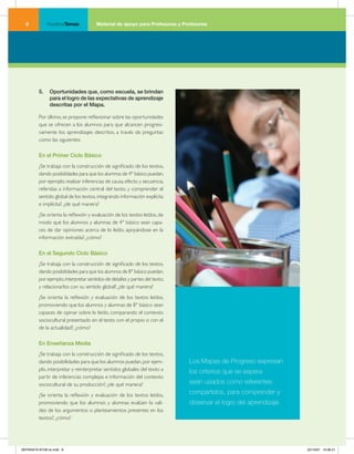 NuestrosTemas           Material de apoyo para Profesoras y Profesores




         5.	 Oportunidades	que,	como	escuela,	se	brindan	
             para	el	logro	de	las	expectativas	de	aprendizaje	
             descritas	por	el	Mapa.

         Por último, se propone reflexionar sobre las oportunidades
         que se ofrecen a los alumnos para que alcancen progresi-
         vamente los aprendizajes descritos, a través de preguntas
         como las siguientes:

         En	el	Primer	Ciclo	Básico
         ¿Se trabaja con la construcción de significado de los textos,
         dando posibilidades para que los alumnos de 4° básico puedan,
         por ejemplo, realizar inferencias de causa, efecto y secuencia,
         referidas a información central del texto, y comprender el
         sentido global de los textos, integrando información explícita
         e implícita?, ¿de qué manera?
         ¿Se orienta la reflexión y evaluación de los textos leídos, de
         modo que los alumnos y alumnas de 4° básico sean capa-
         ces de dar opiniones acerca de lo leído, apoyándose en la
         información extraída?, ¿cómo?

         En	el	Segundo	Ciclo	Básico
         ¿Se trabaja con la construcción de significado de los textos,
         dando posibilidades para que los alumnos de 8° básico puedan,
         por ejemplo, interpretar sentidos de detalles y partes del texto,
         y relacionarlos con su sentido global?, ¿de qué manera?
         ¿Se orienta la reflexión y evaluación de los textos leídos,
         promoviendo que los alumnos y alumnas de 8° básico sean
         capaces de opinar sobre lo leído, comparando el contexto
         sociocultural presentado en el texto con el propio o con el
         de la actualidad?, ¿cómo?

         En	Enseñanza	Media
         ¿Se trabaja con la construcción de significado de los textos,
         dando posibilidades para que los alumnos puedan, por ejem-          Los Mapas de Progreso expresan
         plo, interpretar y reinterpretar sentidos globales del texto a      los criterios que se espera
         partir de inferencias complejas e información del contexto
         sociocultural de su producción?, ¿de qué manera?                    sean usados como referentes
         ¿Se orienta la reflexión y evaluación de los textos leídos,         compartidos, para comprender y
         promoviendo que los alumnos y alumnas evalúen la vali-              observar el logro del aprendizaje.
         dez de los argumentos o planteamientos presentes en los
         textos?, ¿cómo?




SEPARATA NT28 ok.indd 6                                                                                           22/10/07 10:36:21
 