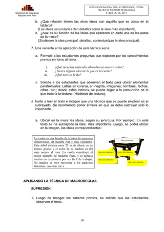 La caoba es una familia de árboles de inmensas 
dimensiones, de madera fina y muy resistente. 
Este árbol alcanza unos 20 m de altura; es de 
tronco grueso y el color de su madera va del 
rojo oscuro al rosa. La caoba constituye el 
mejor ejemplo de maderas finas, y se aprecia 
mucho en carpintería por ser fácil de trabajar. 
Su madera es muy resistente a los parásitos 
(termitas, carcoma, etc.). 
14 
Ministerio de Educación 
República del Perú 
MOVILIZACIÓN NACIONAL POR LA COMPRENSIÓN LECTORA 
TALLER DE ASESORÍA PEDAGÓGICA 
FEBRERO DE 2011 
b. ¿Qué relación tienen las otras ideas con aquélla que se ubica en el 
tablero? 
(Las ideas secundarias dan detalles sobre la idea más importante). 
c. ¿cuál es su función de las ideas que aparecen en cada una de las patas 
de la mesa? 
(Sostienen la idea principal, detallan, contextualizan la idea principal). 
7. Una variante en la aplicación de esta técnica sería: 
a. Formule a los estudiantes preguntas que exploren por los conocimientos 
previos en torno al tema: 
i. ¿Qué recursos naturales abundan en nuestra selva? 
ii. ¿Tienes alguna idea de lo que es la caoba? 
iii. ¿Qué usos se le da? 
b. Solicite a los estudiantes que observen el texto para ubicar elementos 
paratextuales: Letras en cursiva, en negrita, imágenes; nombres, fechas, 
cifras, etc.; desde estos indicios, se pueda llegar a la presunción de lo 
que trataría la lectura. (Hipótesis de lectura). 
8. Invite a leer el texto e indique que una técnica que se puede emplear es el 
subrayado. Se recomienda poner énfasis en que se debe subrayar solo lo 
importante. 
a. Ubicar en la mesa las ideas, según su jerarquía. Por ejemplo: En este 
texto se ha subrayado la idea más importante. Luego, se podrá ubicar 
en la imagen, las ideas correspondientes: 
Todos Idea ayudamos principal 
a 
preparar el almuerzo. 
IDEA SECUNDARIA IDEA SECUNDARIA 
Juan Peló las papas. Otros prepararon 
María hizo el aderezo. 
lo demás 
Ana trozó el pollo y 
picó las verduras 
APLICANDO LA TÉCNICA DE MACROREGLAS 
SUPRESIÓN 
1. Luego de recoger los saberes previos, se solicita que los estudiantes 
observen el texto. 
IDEA SECUNDARIA 
IDEA SECUNDARIA 
 