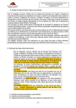 En la mitología romana, Plutón era el nombre del hermano de Júpiter y Neptuno. 
Cuando los tres dioses se repartieron el mundo a Júpiter le correspondió reinar sobre el 
cielo y la tierra; a Neptuno, los mares y a Plutón, el hades, un mundo subterráneo a 
donde iban a parar las almas de los muertos. En honor a este dios, se puso el nombre 
de Plutón al cuerpo celeste descubierto el 18 de febrero de 1930, por el astrónomo 
estadounidense Clyde William Tombaugh. 
En principio, la Unión Astronómica Internacional le concedió la categoría de noveno 
planeta del Sistema Solar, a pesar de que Plutón presentaba características peculiares 
que lo diferenciaban de los otros: 
Su escaso tamaño, que hacía que casi no se lo pudiera ver con el telescopio por lo que 
era difícil que se determinara su dimensión real. Actualmente, se sabe que tiene 2.300 
Km. de diámetro, es decir, que es más pequeño que la Luna de la Tierra. 
Presentaba una órbita inclinada con respecto a los otros planetas. Además, esta órbita 
cruzaba la de Neptuno, lo que hacía que, algunas veces, Plutón estuviera más cerca 
del Sol que el propio Neptuno. 
Su satélite, Caronte, frenó sus rotaciones, lo que causó que éste y Plutón siempre 
presentaran la misma cara el uno al otro y se movieran como unidos por un hilo. 
25 
Ministerio de Educación 
República del Perú 
MOVILIZACIÓN NACIONAL POR LA COMPRENSIÓN LECTORA 
TALLER DE ASESORÍA PEDAGÓGICA 
FEBRERO DE 2011 
2. Captar la idea principal e ideas secundarias. 
3. Subrayar las ideas más importantes. 
En la mitología romana, Plutón era el nombre del hermano de 
Júpiter y Neptuno. Cuando los tres dioses se repartieron el mundo a 
Júpiter le correspondió reinar sobre el cielo y la tierra; a Neptuno, los 
mares y a Plutón, el hades, un mundo subterráneo a donde iban a 
parar las almas de los muertos. En honor a este dios, se puso el 
nombre de Plutón al cuerpo celeste descubierto el 18 de febrero de 
1930, por el astrónomo estadounidense Clyde William Tombaugh. 
En principio, la Unión Astronómica Internacional le concedió la 
categoría de noveno planeta del Sistema Solar, a pesar de que 
Plutón presentaba características peculiares que lo diferenciaban de 
los otros: 
Su escaso tamaño, que hacía que casi no se lo pudiera ver con el 
telescopio por lo que era difícil que se determinara su dimensión 
real. Actualmente, se sabe que tiene 2.300 Km. de diámetro, es 
decir, que es más pequeño que la Luna de la Tierra. 
Presentaba una órbita inclinada con respecto a los otros planetas. 
Además, esta órbita cruzaba la de Neptuno, lo que hacía que, 
algunas veces, Plutón estuviera más cerca del Sol que el propio 
Neptuno. 
Su satélite, Caronte, frenó sus rotaciones, lo que causó que éste y 
Plutón siempre presentaran la misma cara el uno al otro y se 
movieran como unidos por un hilo. 
4. Enliste las ideas principales y secundarias. 
5. Escriba un primer borrador. 
6. Haga correcciones necesarias para realizar la redacción final. 
 