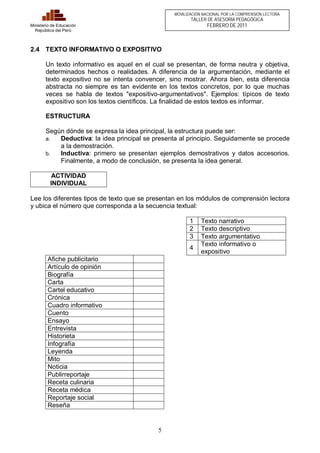 5 
Ministerio de Educación 
República del Perú 
MOVILIZACIÓN NACIONAL POR LA COMPRENSIÓN LECTORA 
TALLER DE ASESORÍA PEDAGÓGICA 
FEBRERO DE 2011 
2.4 TEXTO INFORMATIVO O EXPOSITIVO 
Un texto informativo es aquel en el cual se presentan, de forma neutra y objetiva, 
determinados hechos o realidades. A diferencia de la argumentación, mediante el 
texto expositivo no se intenta convencer, sino mostrar. Ahora bien, esta diferencia 
abstracta no siempre es tan evidente en los textos concretos, por lo que muchas 
veces se habla de textos "expositivo-argumentativos". Ejemplos: típicos de texto 
expositivo son los textos científicos. La finalidad de estos textos es informar. 
ESTRUCTURA 
Según dónde se expresa la idea principal, la estructura puede ser: 
a. Deductiva: la idea principal se presenta al principio. Seguidamente se procede 
a la demostración. 
b. Inductiva: primero se presentan ejemplos demostrativos y datos accesorios. 
Finalmente, a modo de conclusión, se presenta la idea general. 
ACTIVIDAD 
INDIVIDUAL 
Lee los diferentes tipos de texto que se presentan en los módulos de comprensión lectora 
y ubica el número que corresponda a la secuencia textual: 
1 Texto narrativo 
2 Texto descriptivo 
3 Texto argumentativo 
4 Texto informativo o 
expositivo 
Afiche publicitario 
Artículo de opinión 
Biografía 
Carta 
Cartel educativo 
Crónica 
Cuadro informativo 
Cuento 
Ensayo 
Entrevista 
Historieta 
Infografía 
Leyenda 
Mito 
Noticia 
Publirreportaje 
Receta culinaria 
Receta médica 
Reportaje social 
Reseña 
 