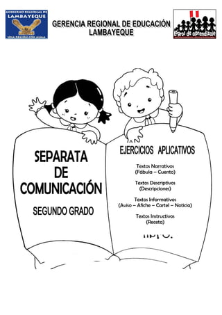 Textos Narrativos
(Fábula – Cuento)
Textos Descriptivos
(Descripciones)
Textos Informativos
(Aviso – Afiche – Cartel – Noticia)
Textos Instructivos
(Receta)

 