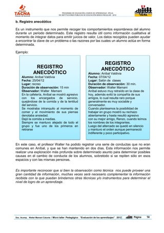 PROGRAMA DE EDUCACIÓN LOGROS DE APRENDIZAJE (PELA)
                                       DE INSTITUCIONES PÚBLICAS DE EDUCACIÓN BÁSICA REGULAR - 2012                TACNA




b. Registro anecdótico

Es un instrumento que nos permite recoger los comportamientos espontáneos del alumno
durante un periodo determinado. Este registro resulta útil como información cualitativa al
momento de integrar datos para emitir juicios de valor. Los datos recogidos pueden ayudar
a encontrar la clave de un problema o las razones por las cuales un alumno actúa en forma
determinada.

Ejemplo:


                                                                                    REGISTRO
                 REGISTRO                                                          ANECDÓTICO
                ANECDÓTICO                                           Alumno: Aníbal Valdivia
     Alumno: Aníbal Valdivia                                         Fecha: 07/04/12
     Fecha: 25/04/12                                                 Lugar: Salón de clases
     Lugar: recreo                                                   Duración de observación: 30 min.
     Duración de observación: 15 min                                 Observador: Walter Mamani
     Observador: Walter Mamani                                       Aníbal estuvo muy retraído en la clase de
     En la cafetería, Aníbal se mostró agresivo                      hoy, además evitó la compañía de sus
     con los encargados de servicio,                                 amigos, lo cual resulta raro porque
     quejándose de la comida y de la lentitud                        generalmente es muy sociable y
     del servicio.                                                   conversador.
     Se mostraba intranquilo al momento de                           Cuando planteamos la posibilidad de
     comer y el movimiento de sus piernas                            trabajar en grupo mostró su rechazo
     denotaba ansiedad.                                              abiertamente y hasta resultó agresivo
     Dejó la comida a medias.                                        con su mejor amigo, Renzo, cuando leímos
     Siempre se mantuvo alejado de todo el                           los nombres de los integrantes.
     grupo y fue uno de los primeros en                              Luego del altercado se quedó en silencio
     retirarse                                                       y mantuvo el orden aunque permaneció
                                                                     indiferente y poco participativo.


En este caso, el profesor Walter ha podido registrar una serie de conductas que no eran
comunes en Aníbal, y que se han mantenido en dos días. Esta información nos permite
realizar una exploración más profunda sobre determinado asunto para determinar posibles
causas en el cambio de conducta de los alumnos, sobretodo si se repiten sólo en esos
espacios y con las mismas personas.


Es importante reconocer que si bien la observación como técnica nos puede proveer una
gran cantidad de información, muchas veces será necesario complementar la información
recibida con la que puedan brindarnos otras técnicas y/o instrumentos para determinar el
nivel de logro de un aprendizaje.




Doc. Acomp. Walter Mamani Catunta / Micro taller Pedagógico “Evaluación de los aprendizajes” 2012     |   Página           14
 