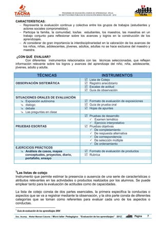 PROGRAMA DE EDUCACIÓN LOGROS DE APRENDIZAJE (PELA)
                                             DE INSTITUCIONES PÚBLICAS DE EDUCACIÓN BÁSICA REGULAR - 2012                TACNA




CARACTERÍSTICAS:
   Representa la evaluación continua y colectiva entre los grupos de trabajos (estudiantes y
    actores sociales comprometidos).
   Participa la familia, la comunidad, los/las estudiantes, los maestros, las maestras en un
    trabajo conjunto para reflexionar sobre los avances y logros en la construcción de los
    aprendizajes.
   Al considerar de gran importancia la interdisciplinariedad en la valoración de los avances de
    los niños, niñas, adolescentes, jóvenes, adultos, adultas no se hace exclusiva del maestro y
    maestra.

 ¿CON QUÉ EVALUAR?
       Con diferentes instrumentos relacionados con las técnicas seleccionadas, que reflejen
información relevante sobre los logros y avances del aprendizaje del niño, niña, adolescente,
jóvenes, adulto y adulta.

                       TÉCNICAS                                                          INSTRUMENTOS
                                                                            Lista de Cotejo
OBSERVACIÓN SISTEMÁTICA                                                     Registro anecdotario
                                                                            Escalas de actitud
                                                                            Guía de observación

SITUACIONES ORALES DE EVALUACIÓN
    Exposición autónoma                                                Formato de evaluación de exposiciones
    dialogo                                                            Guía de prueba oral
    debate                                                             Hojas de apuntes
    Las preguntas en clase
                                                                        Pruebas de desarrollo
                                                                          Examen temático
                                                                          Ejercicio interpretativo
PRUEBAS ESCRITAS                                                        Pruebas objetivas
                                                                          De completamiento
                                                                          De respuesta alternativa
                                                                          De correspondencia
                                                                          De selección múltiple
                                                                          De ordenamiento
EJERCICIOS PRÁCTICOS
    Análisis de casos, mapas                                           Formato de evaluación de productos
     conceptuales, proyectos, diario,                                   Rubrica
     portafolio, ensayo



3
 Las listas de cotejo
Instrumento que permite estimar la presencia o ausencia de una serie de características o
atributos relevantes en las actividades o productos realizados por los alumnos. Se puede
emplear tanto para la evaluación de actitudes como de capacidades.

La lista de cotejo consta de dos partes esenciales, la primera especifica la conductas o
aspectos que se va a registrar mediante la observación, y la otra parte consta de diferentes
categorías que se toman como referentes para evaluar cada uno de los aspectos o
conductas.
3
    Guía de evaluación de los aprendizajes 2004

Doc. Acomp. Walter Mamani Catunta / Micro taller Pedagógico “Evaluación de los aprendizajes” 2012           |   Página           7
 
